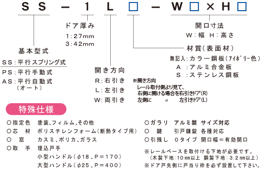 エクセルスライディングドア SS-1型 SS-3型 型式